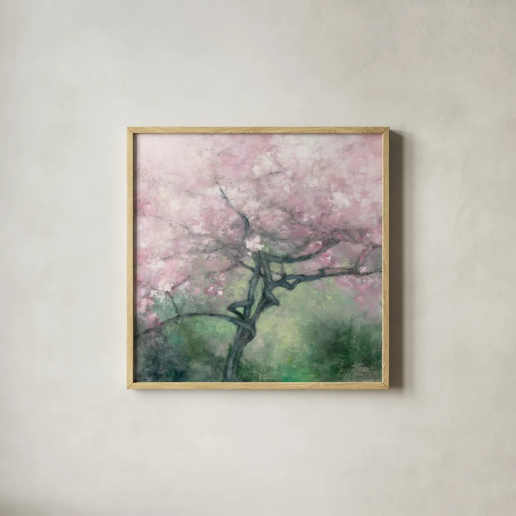Blooming Apple Tree by Julia Purinton. Shown in a natural wood glass frame for a timeless modern aesthetic. Available as an archival giclee rolled canvas, fine art paper, or poster print. SKU 63247a.