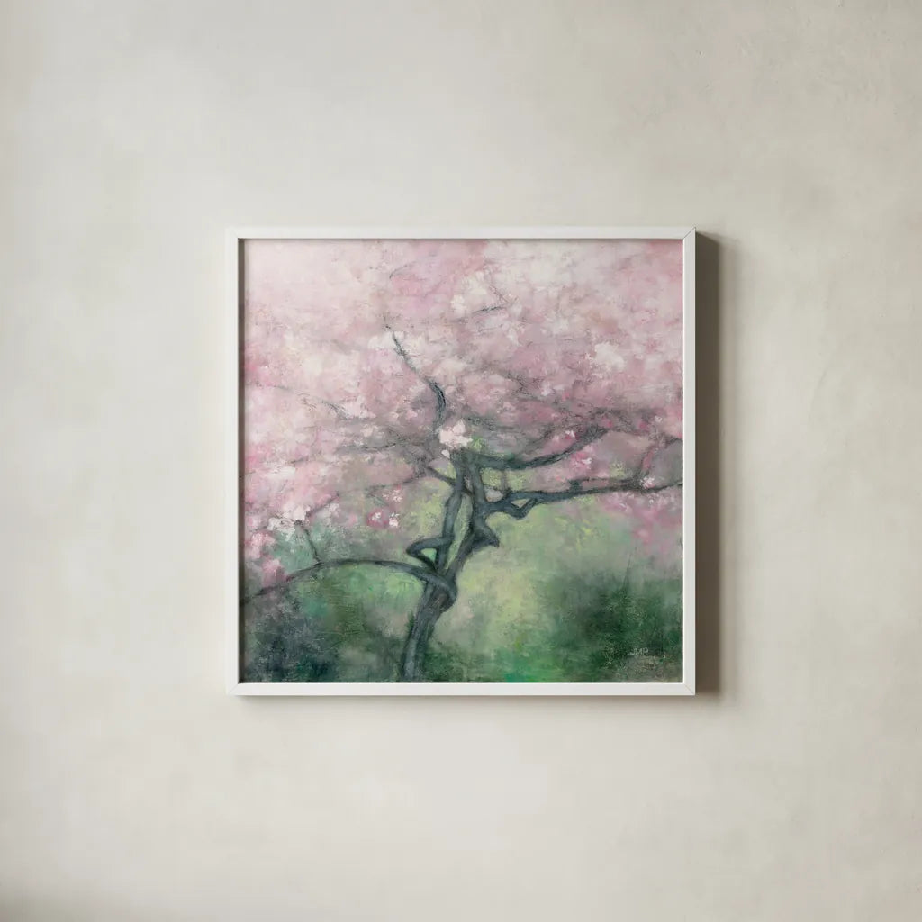 Blooming Apple Tree by Julia Purinton. Shown in a crisp white glass frame for a clean and minimalist style. Available as an archival giclee rolled canvas, fine art paper, or poster print. SKU 63247a.