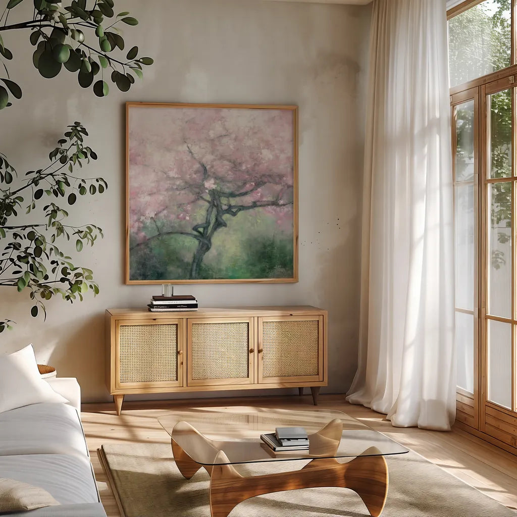 Blooming Apple Tree by Julia Purinton. Shown in a natural wood frame in a cozy modern living room. Available as an archival giclee rolled canvas, fine art paper, or poster print. SKU 63247a.