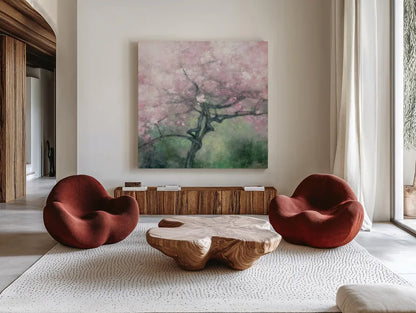 Blooming Apple Tree by Julia Purinton. Shown as extra-large giant wall art in a modern living room. Available as an archival giclee rolled canvas, fine art paper, or poster print. SKU 63247a.