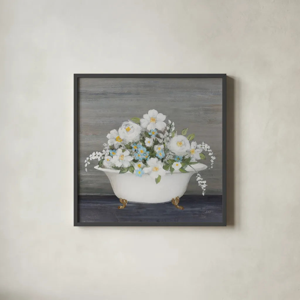Blooming Bath by Julia Purinton. Shown in a sleek black glass frame for a contemporary gallery look. Available as an archival giclee rolled canvas, fine art paper, or poster print. SKU 83500a.