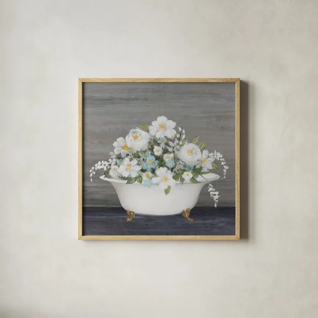 Blooming Bath by Julia Purinton. Shown in a natural wood glass frame for a timeless modern aesthetic. Available as an archival giclee rolled canvas, fine art paper, or poster print. SKU 83500a.