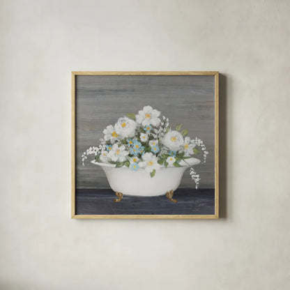 Blooming Bath by Julia Purinton. Shown in a natural wood glass frame for a timeless modern aesthetic. Available as an archival giclee rolled canvas, fine art paper, or poster print. SKU 83500a.