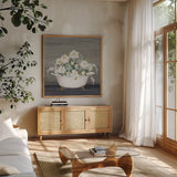 Blooming Bath by Julia Purinton. Shown in a natural wood frame in a cozy modern living room. Available as an archival giclee rolled canvas, fine art paper, or poster print. SKU 83500a.