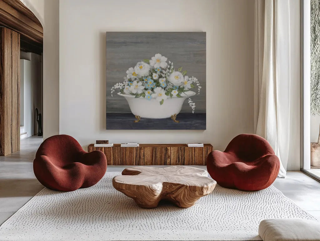 Blooming Bath by Julia Purinton. Shown as extra-large giant wall art in a modern living room. Available as an archival giclee rolled canvas, fine art paper, or poster print. SKU 83500a.