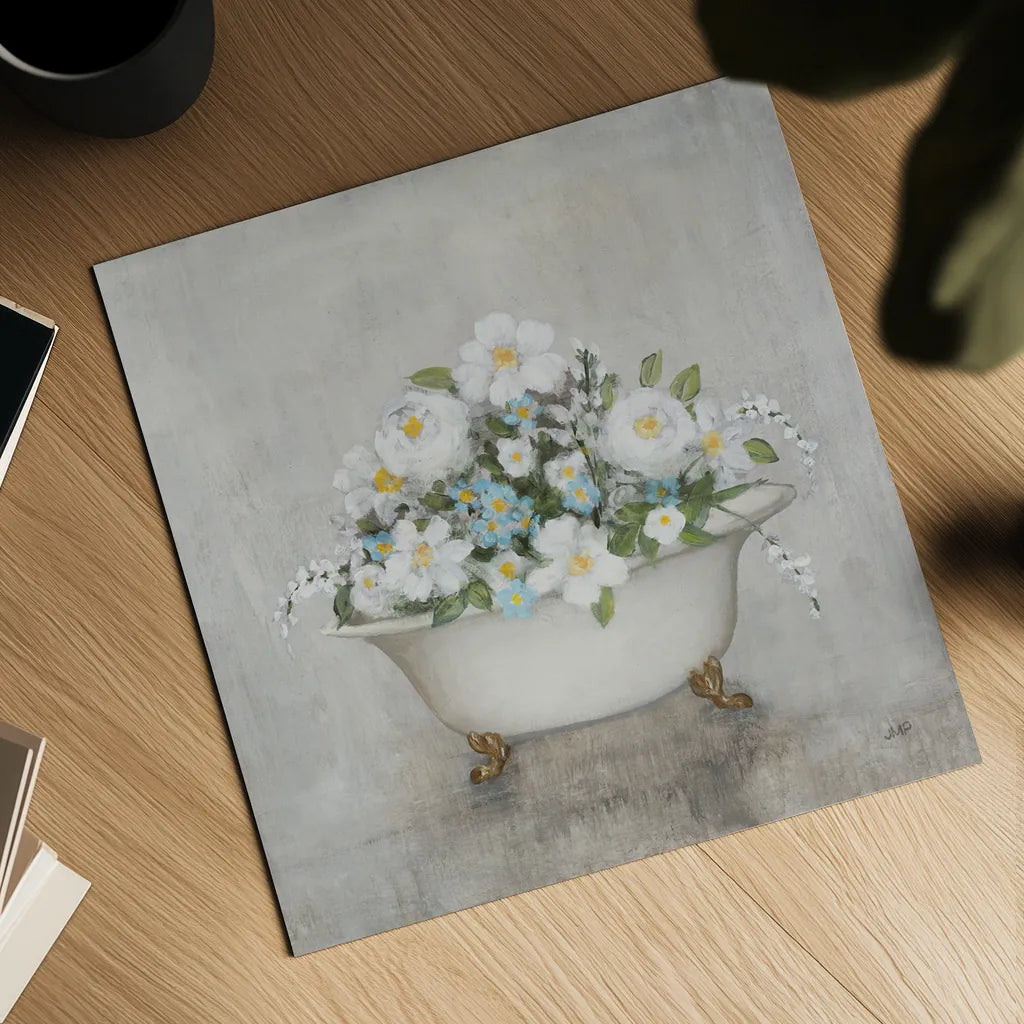 Blooming Bath Light Gray by Julia Purinton. Shown as a detailed flat fine art print, highlighting archival giclee quality. Available as an archival giclee rolled canvas, fine art paper, or poster print. SKU 92013a.