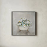 Blooming Bath Light Gray by Julia Purinton. Shown in a sleek black glass frame for a contemporary gallery look. Available as an archival giclee rolled canvas, fine art paper, or poster print. SKU 92013a.