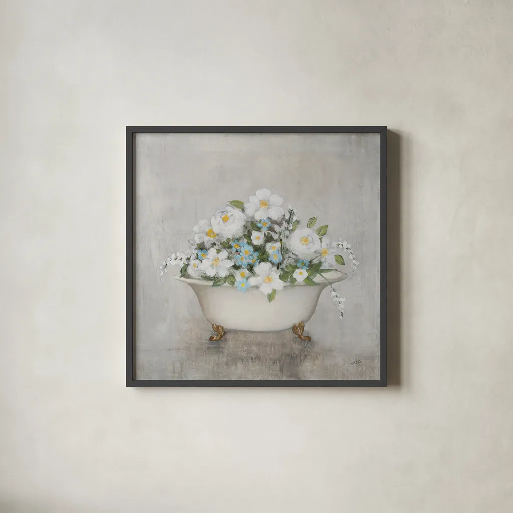 Blooming Bath Light Gray by Julia Purinton. Shown in a sleek black glass frame for a contemporary gallery look. Available as an archival giclee rolled canvas, fine art paper, or poster print. SKU 92013a.