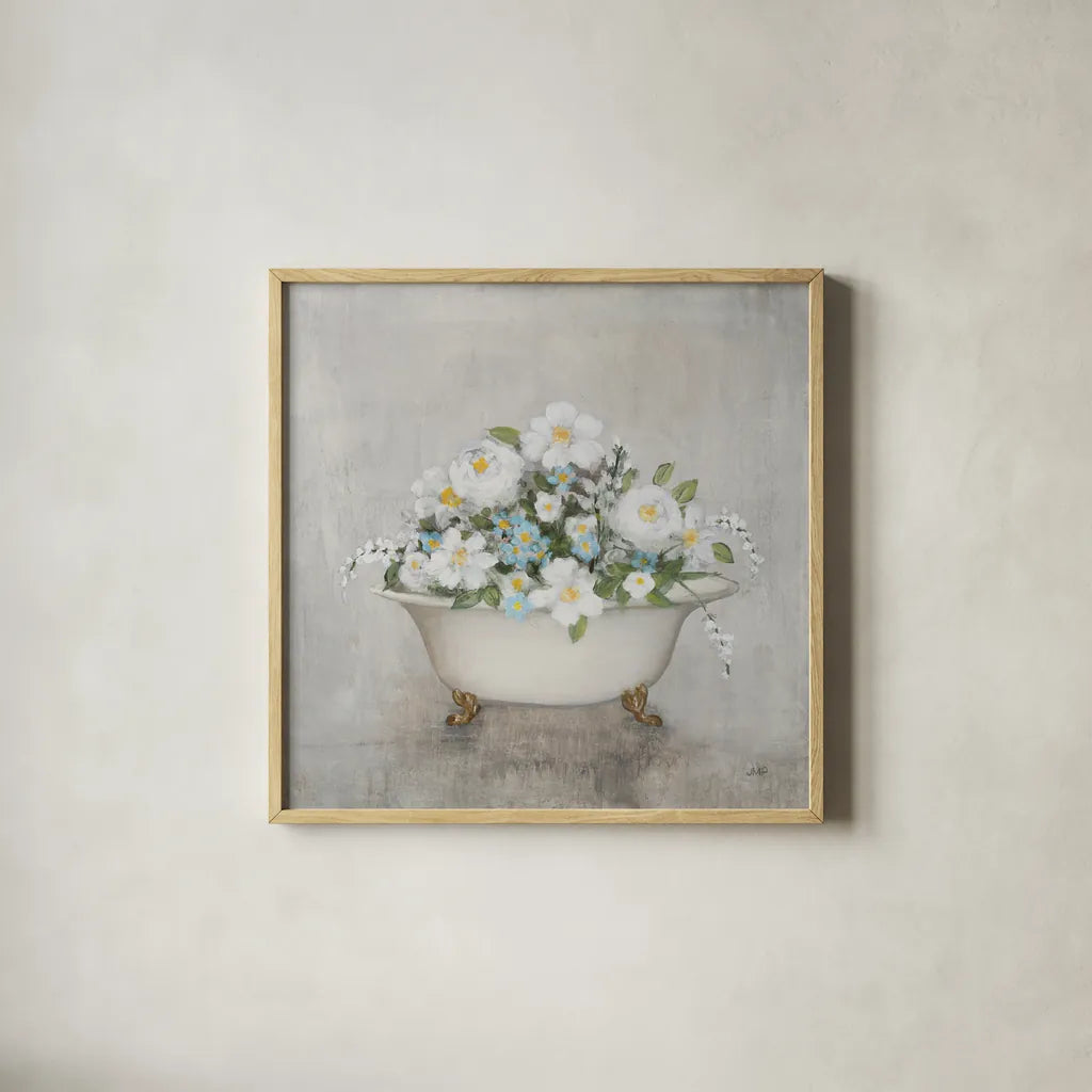 Blooming Bath Light Gray by Julia Purinton. Shown in a natural wood glass frame for a timeless modern aesthetic. Available as an archival giclee rolled canvas, fine art paper, or poster print. SKU 92013a.