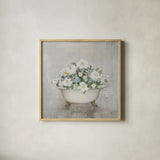 Blooming Bath Light Gray by Julia Purinton. Shown in a natural wood glass frame for a timeless modern aesthetic. Available as an archival giclee rolled canvas, fine art paper, or poster print. SKU 92013a.
