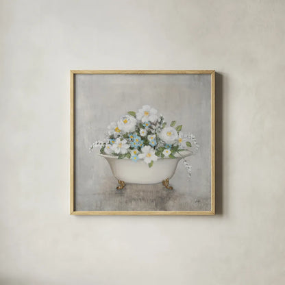 Blooming Bath Light Gray by Julia Purinton. Shown in a natural wood glass frame for a timeless modern aesthetic. Available as an archival giclee rolled canvas, fine art paper, or poster print. SKU 92013a.