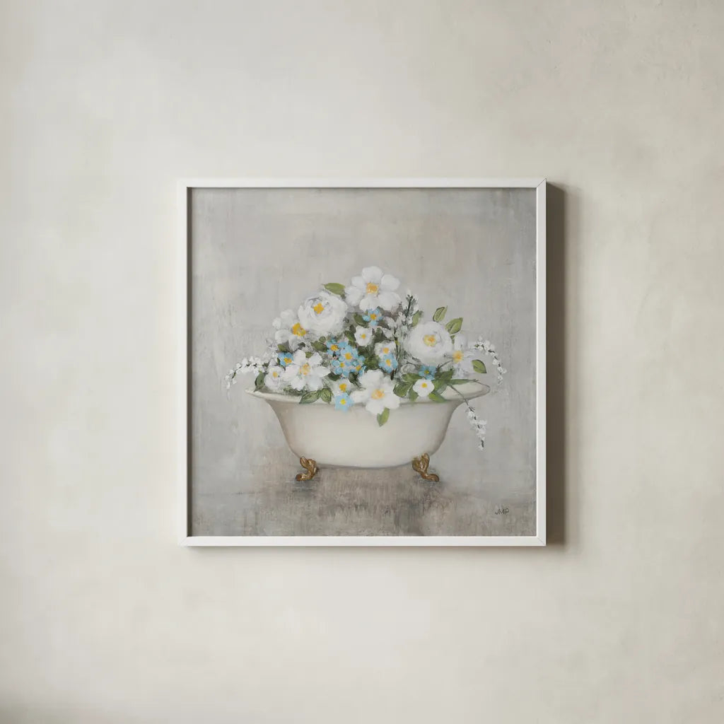 Blooming Bath Light Gray by Julia Purinton. Shown in a crisp white glass frame for a clean and minimalist style. Available as an archival giclee rolled canvas, fine art paper, or poster print. SKU 92013a.