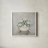 Blooming Bath Light Gray by Julia Purinton. Shown in a crisp white glass frame for a clean and minimalist style. Available as an archival giclee rolled canvas, fine art paper, or poster print. SKU 92013a.