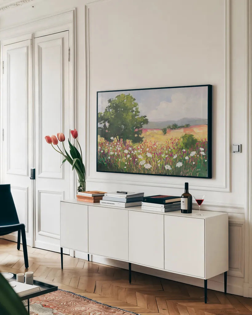 Blooming Horizon by Julia Purinton. shown as a framed stretched canvas in a living room above a console. Available as a archival giclee rolled canvas, fine art paper, or poster print. SKU 95726i.