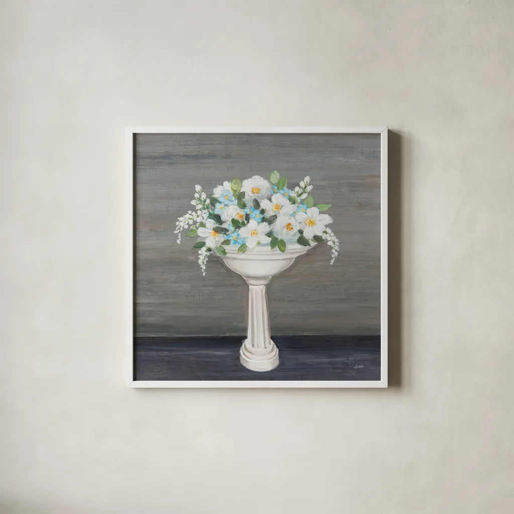 Blooming Sink by Julia Purinton. Shown in a crisp white glass frame for a clean and minimalist style. Available as an archival giclee rolled canvas, fine art paper, or poster print. SKU 86703a.