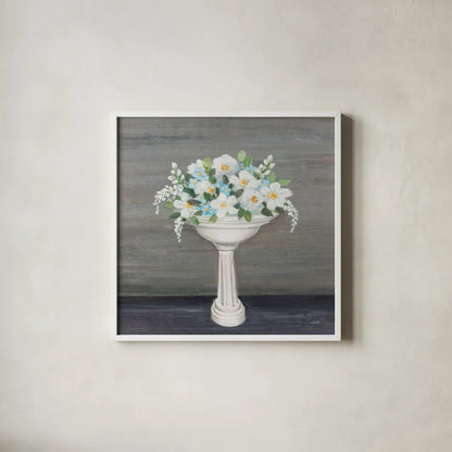 Blooming Sink by Julia Purinton. Shown in a crisp white glass frame for a clean and minimalist style. Available as an archival giclee rolled canvas, fine art paper, or poster print. SKU 86703a.