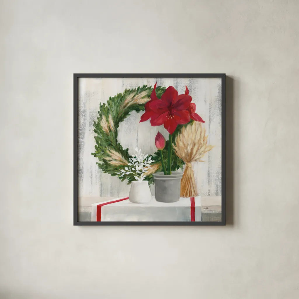 Blooms of the Season by Julia Purinton. Shown in a sleek black glass frame for a contemporary gallery look. Available as an archival giclee rolled canvas, fine art paper, or poster print. SKU 75426a.
