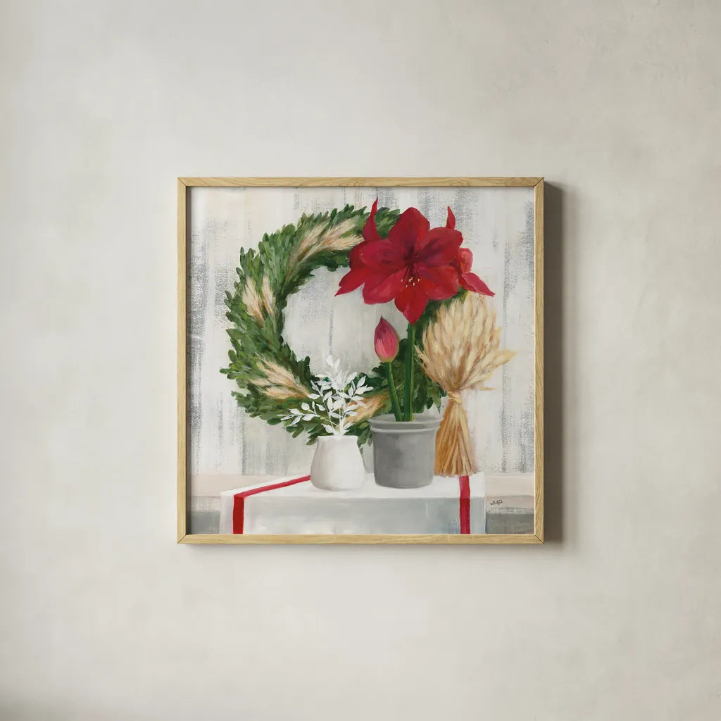 Blooms of the Season by Julia Purinton. Shown in a natural wood glass frame for a timeless modern aesthetic. Available as an archival giclee rolled canvas, fine art paper, or poster print. SKU 75426a.
