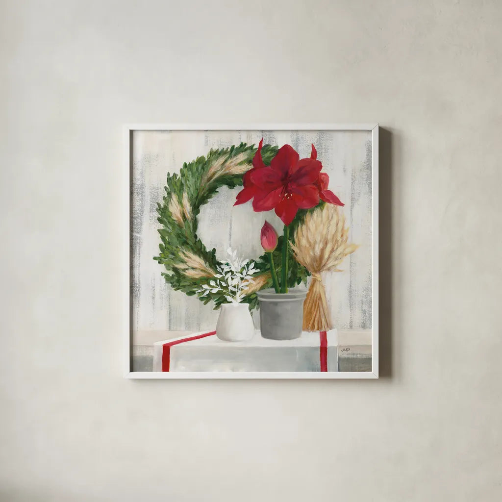 Blooms of the Season by Julia Purinton. Shown in a crisp white glass frame for a clean and minimalist style. Available as an archival giclee rolled canvas, fine art paper, or poster print. SKU 75426a.