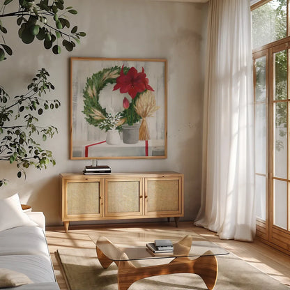 Blooms of the Season by Julia Purinton. Shown in a natural wood frame in a cozy modern living room. Available as an archival giclee rolled canvas, fine art paper, or poster print. SKU 75426a.