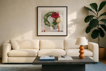 Blooms of the Season by Julia Purinton. Displayed in a glass frame with matte in a clean modern living room. Available as an archival giclee rolled canvas, fine art paper, or poster print. SKU 75426a.