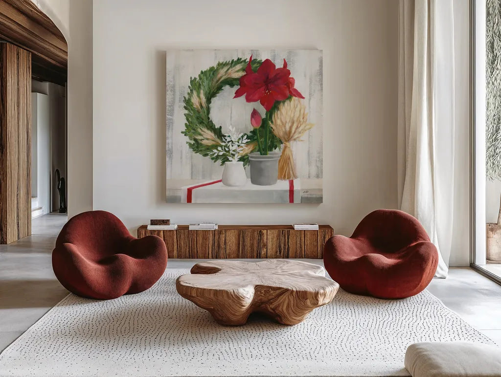 Blooms of the Season by Julia Purinton. Shown as extra-large giant wall art in a modern living room. Available as an archival giclee rolled canvas, fine art paper, or poster print. SKU 75426a.