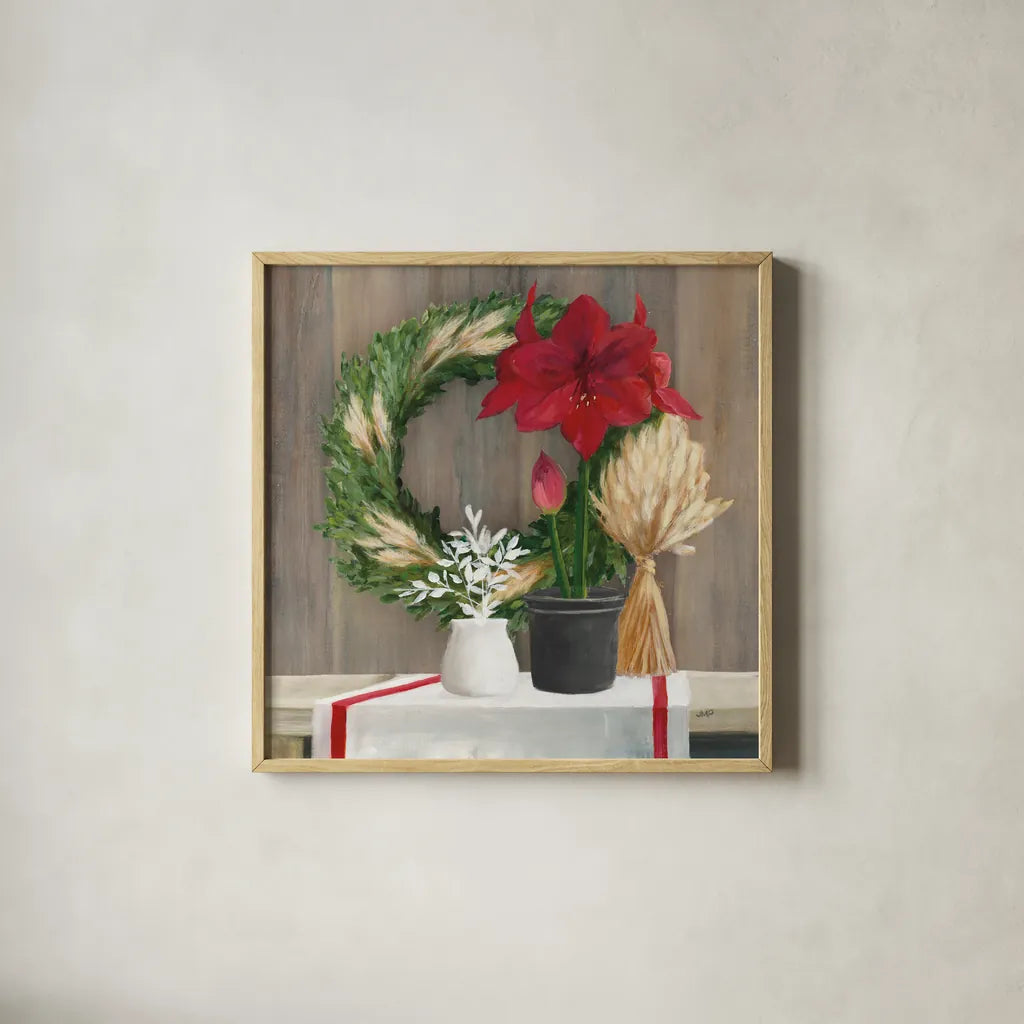 Blooms of the Season Dark by Julia Purinton. Shown in a natural wood glass frame for a timeless modern aesthetic. Available as an archival giclee rolled canvas, fine art paper, or poster print. SKU 79933a.