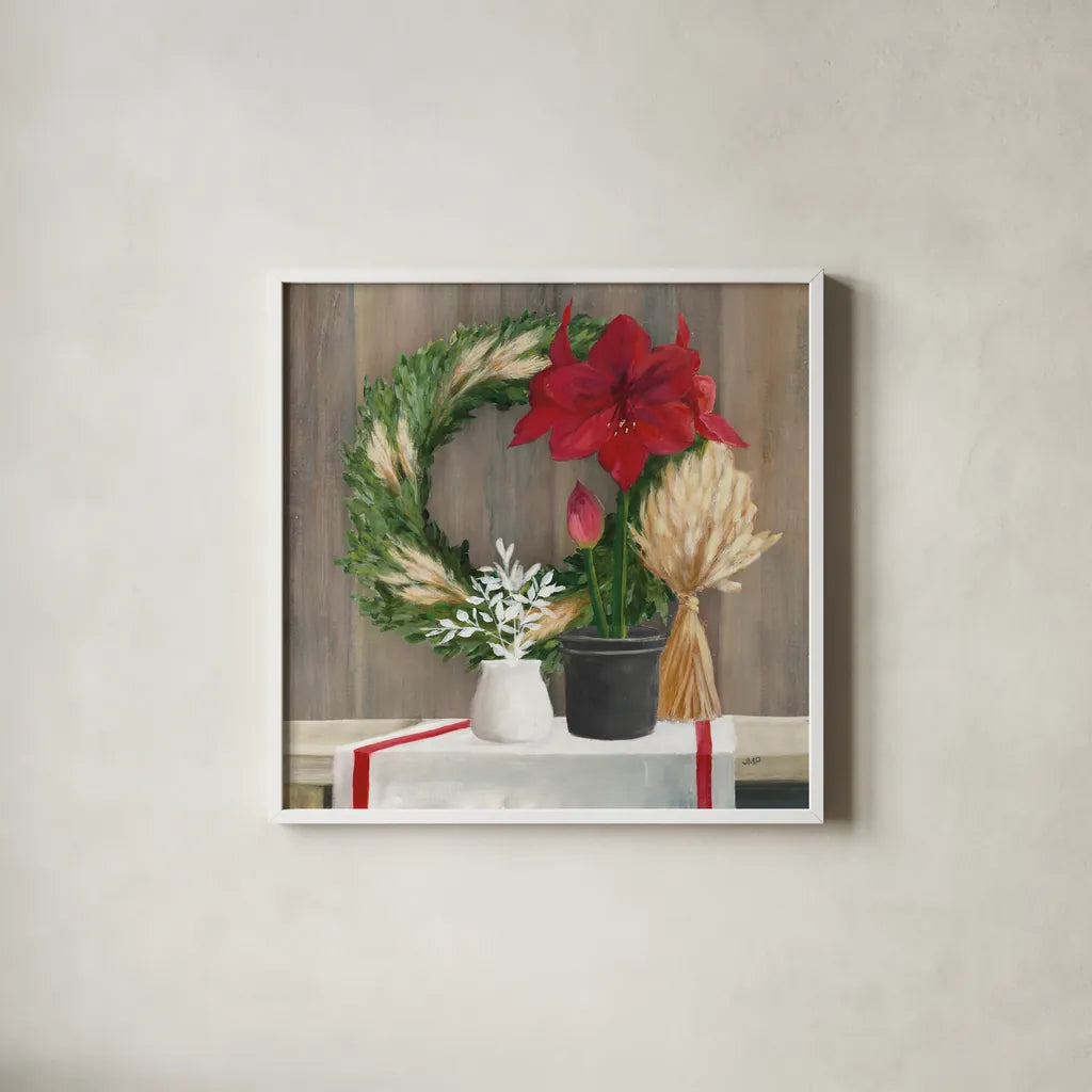 Blooms of the Season Dark by Julia Purinton. Shown in a crisp white glass frame for a clean and minimalist style. Available as an archival giclee rolled canvas, fine art paper, or poster print. SKU 79933a.