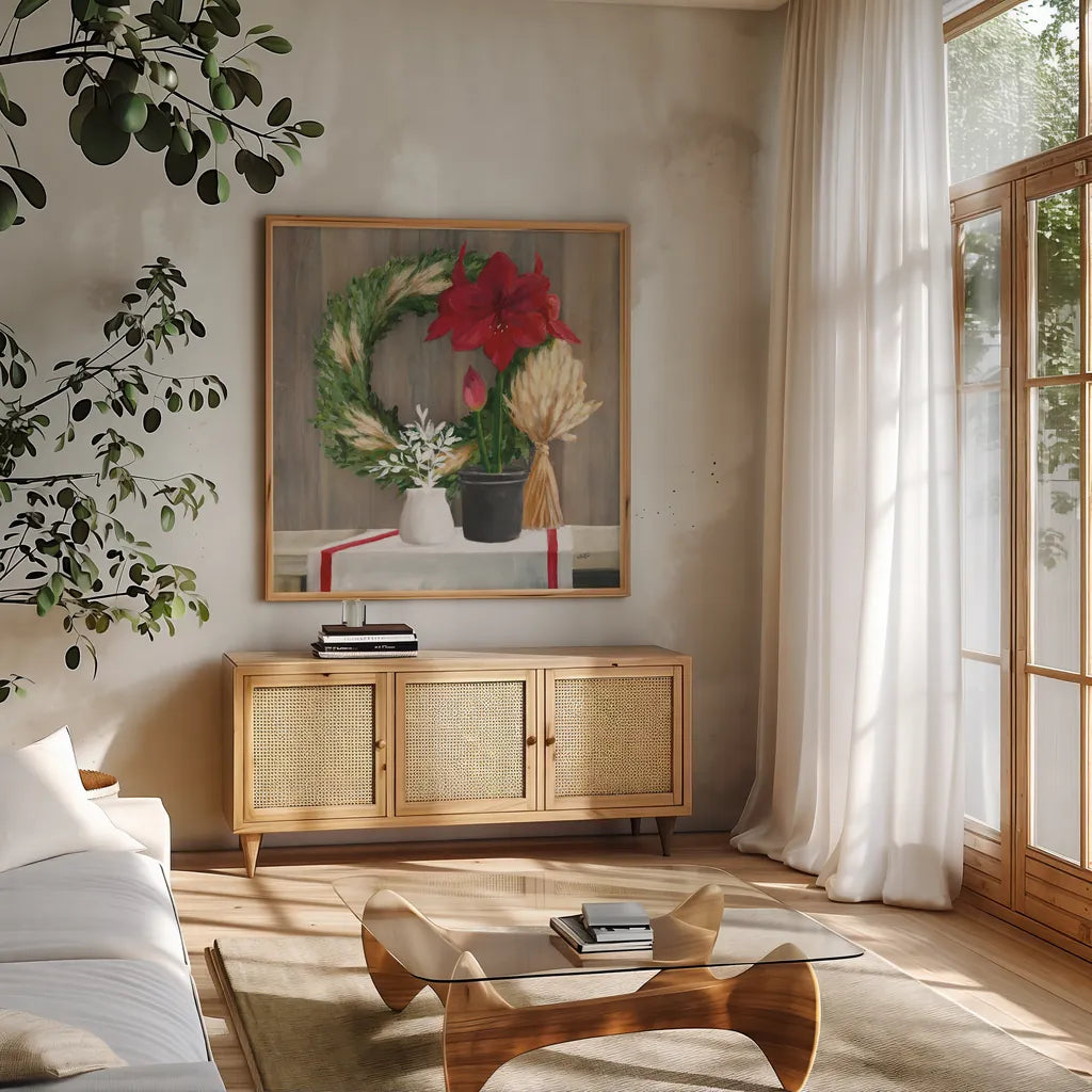 Blooms of the Season Dark by Julia Purinton. Shown in a natural wood frame in a cozy modern living room. Available as an archival giclee rolled canvas, fine art paper, or poster print. SKU 79933a.