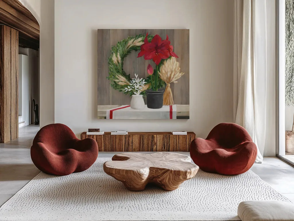 Blooms of the Season Dark by Julia Purinton. Shown as extra-large giant wall art in a modern living room. Available as an archival giclee rolled canvas, fine art paper, or poster print. SKU 79933a.