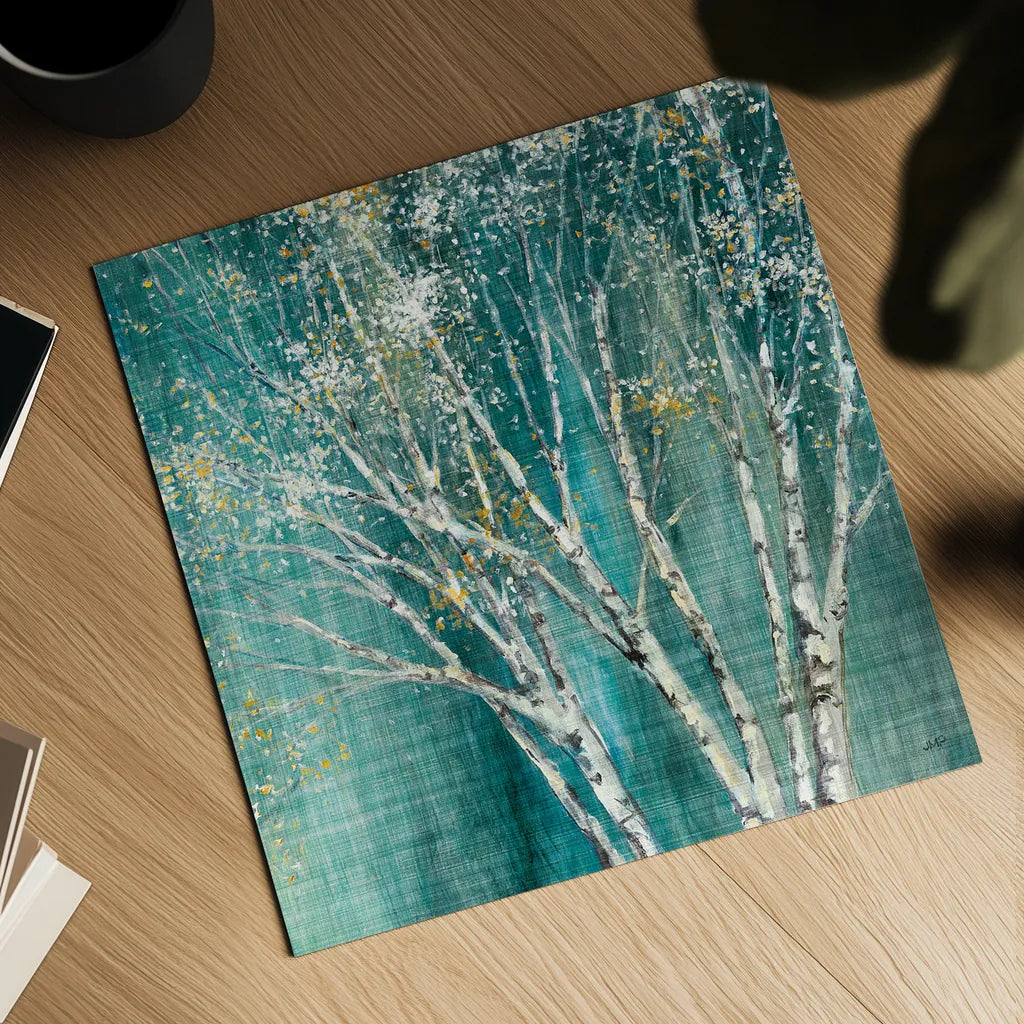 Blue Birch by Julia Purinton. Shown as a detailed flat fine art print, highlighting archival giclee quality. Available as an archival giclee rolled canvas, fine art paper, or poster print. SKU 13730a.