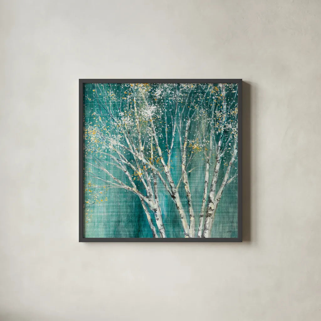 Blue Birch by Julia Purinton. Shown in a sleek black glass frame for a contemporary gallery look. Available as an archival giclee rolled canvas, fine art paper, or poster print. SKU 13730a.