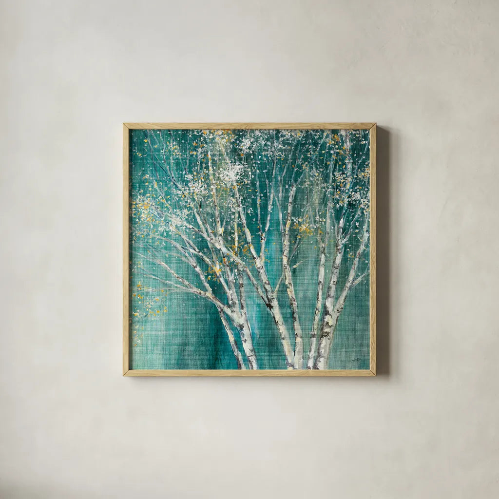 Blue Birch by Julia Purinton. Shown in a natural wood glass frame for a timeless modern aesthetic. Available as an archival giclee rolled canvas, fine art paper, or poster print. SKU 13730a.