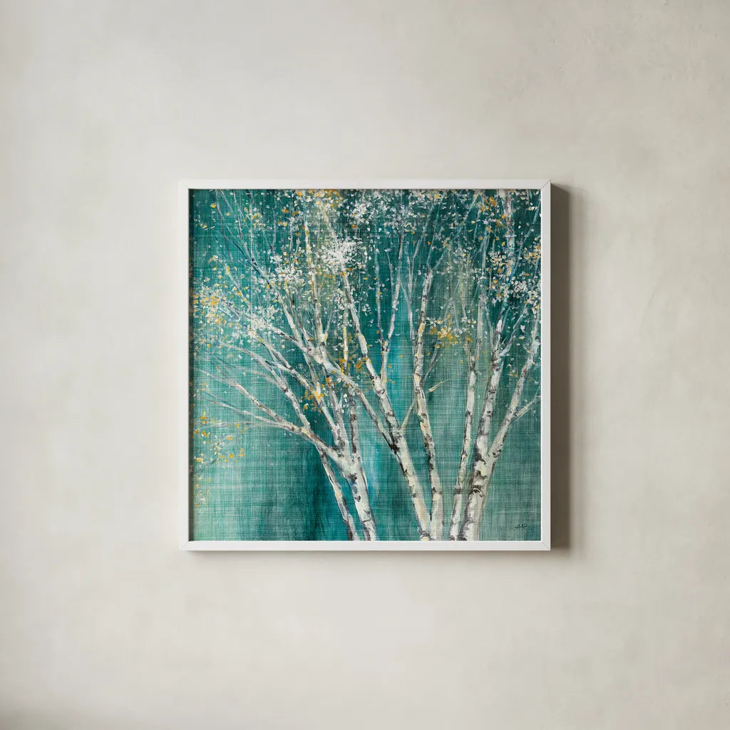 Blue Birch by Julia Purinton. Shown in a crisp white glass frame for a clean and minimalist style. Available as an archival giclee rolled canvas, fine art paper, or poster print. SKU 13730a.