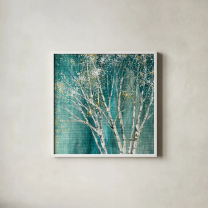 Blue Birch by Julia Purinton. Shown in a crisp white glass frame for a clean and minimalist style. Available as an archival giclee rolled canvas, fine art paper, or poster print. SKU 13730a.