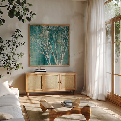 Blue Birch by Julia Purinton. Shown in a natural wood frame in a cozy modern living room. Available as an archival giclee rolled canvas, fine art paper, or poster print. SKU 13730a.