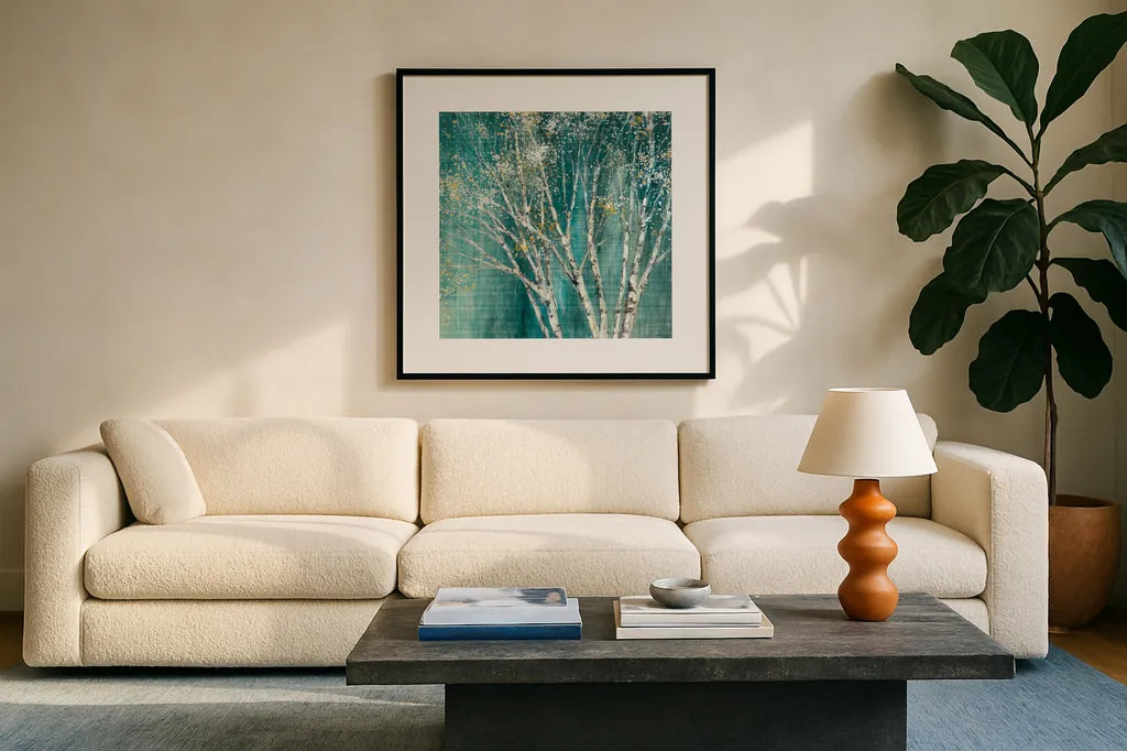 Blue Birch by Julia Purinton. Displayed in a glass frame with matte in a clean modern living room. Available as an archival giclee rolled canvas, fine art paper, or poster print. SKU 13730a.