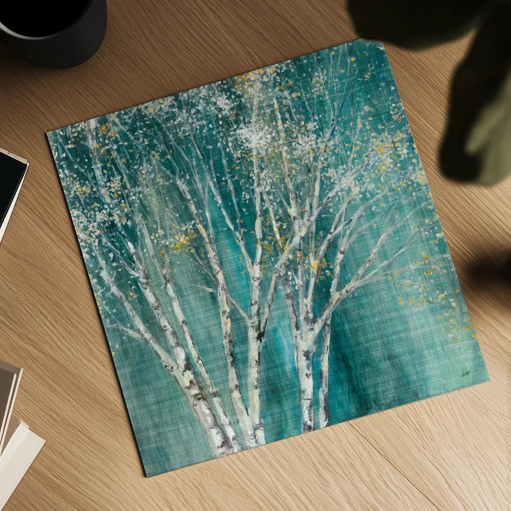 Blue Birch Flipped by Julia Purinton. Shown as a detailed flat fine art print, highlighting archival giclee quality. Available as an archival giclee rolled canvas, fine art paper, or poster print. SKU 47886a.