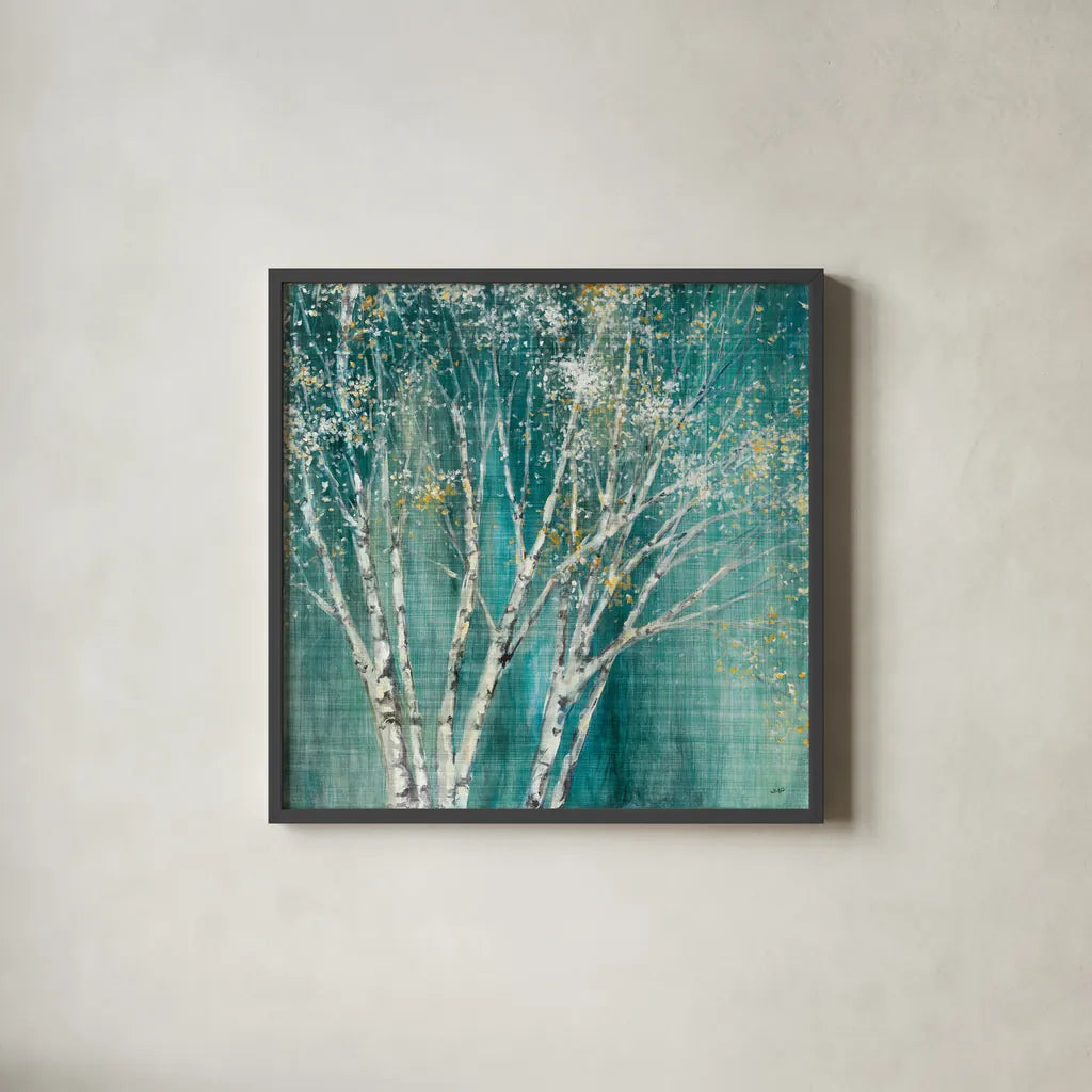 Blue Birch Flipped by Julia Purinton. Shown in a sleek black glass frame for a contemporary gallery look. Available as an archival giclee rolled canvas, fine art paper, or poster print. SKU 47886a.