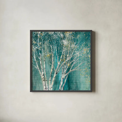 Blue Birch Flipped by Julia Purinton. Shown in a sleek black glass frame for a contemporary gallery look. Available as an archival giclee rolled canvas, fine art paper, or poster print. SKU 47886a.