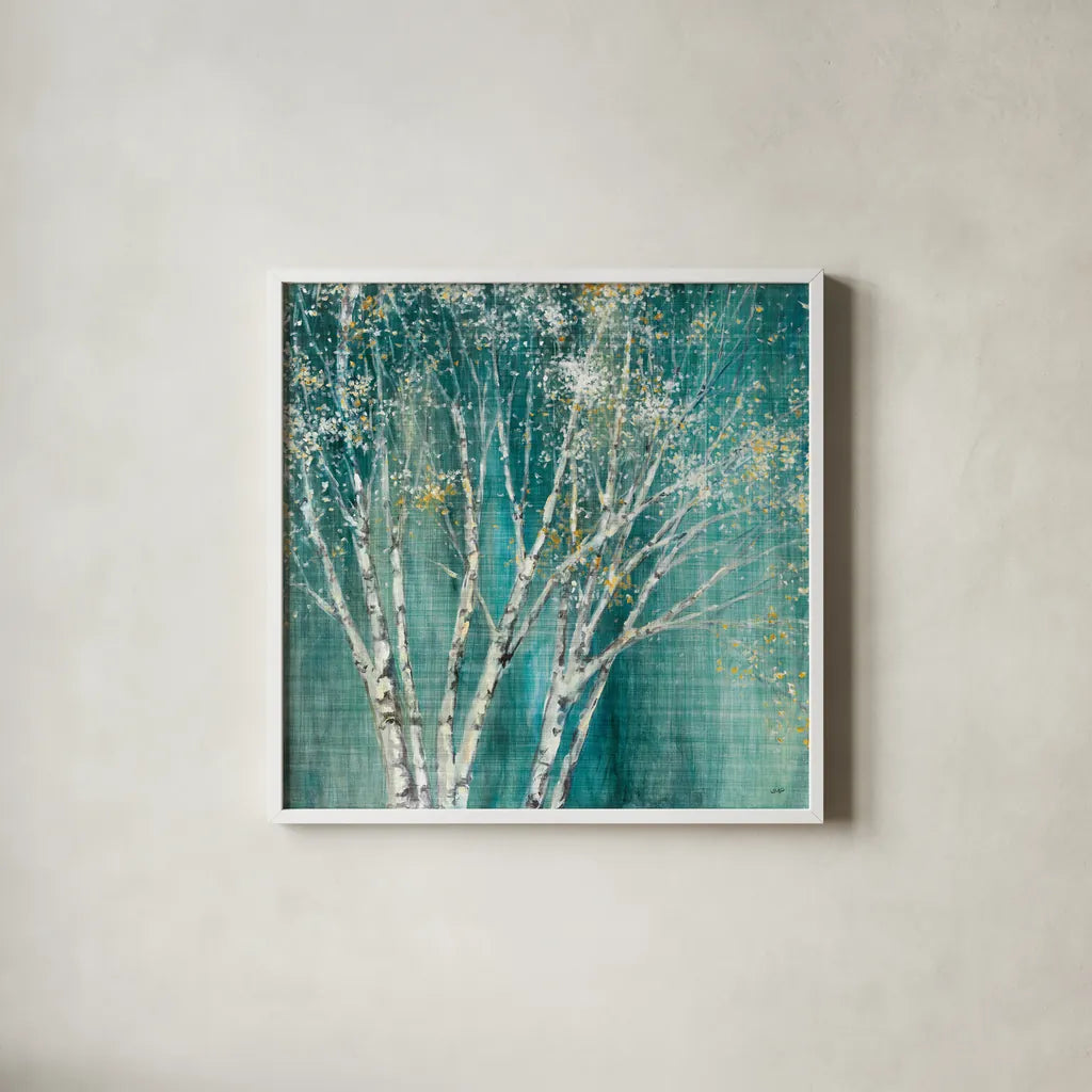 Blue Birch Flipped by Julia Purinton. Shown in a crisp white glass frame for a clean and minimalist style. Available as an archival giclee rolled canvas, fine art paper, or poster print. SKU 47886a.