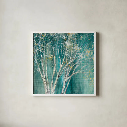 Blue Birch Flipped by Julia Purinton. Shown in a crisp white glass frame for a clean and minimalist style. Available as an archival giclee rolled canvas, fine art paper, or poster print. SKU 47886a.