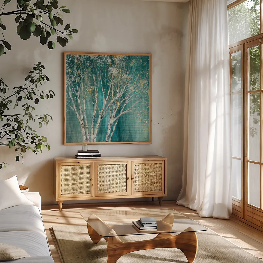 Blue Birch Flipped by Julia Purinton. Shown in a natural wood frame in a cozy modern living room. Available as an archival giclee rolled canvas, fine art paper, or poster print. SKU 47886a.