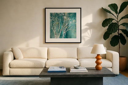 Blue Birch Flipped by Julia Purinton. Displayed in a glass frame with matte in a clean modern living room. Available as an archival giclee rolled canvas, fine art paper, or poster print. SKU 47886a.