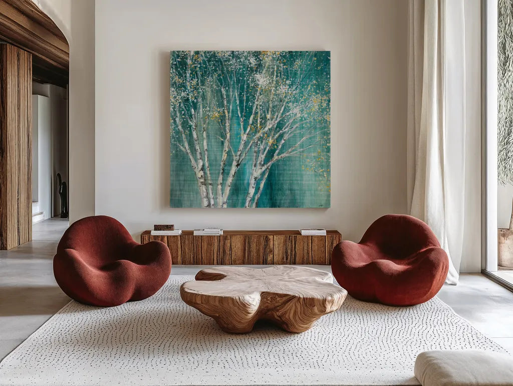Blue Birch Flipped by Julia Purinton. Shown as extra-large giant wall art in a modern living room. Available as an archival giclee rolled canvas, fine art paper, or poster print. SKU 47886a.