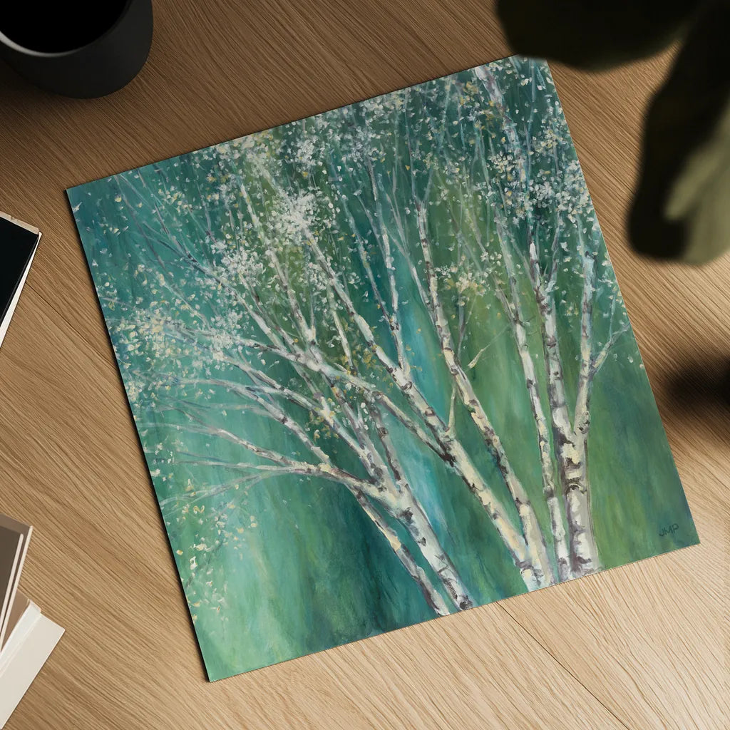Blue Birch Green by Julia Purinton. Shown as a detailed flat fine art print, highlighting archival giclee quality. Available as an archival giclee rolled canvas, fine art paper, or poster print. SKU 37741a.