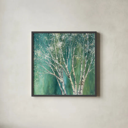 Blue Birch Green by Julia Purinton. Shown in a sleek black glass frame for a contemporary gallery look. Available as an archival giclee rolled canvas, fine art paper, or poster print. SKU 37741a.