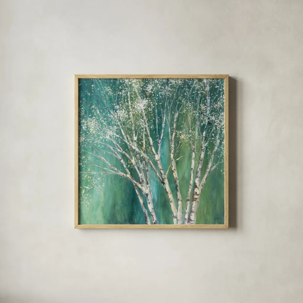 Blue Birch Green by Julia Purinton. Shown in a natural wood glass frame for a timeless modern aesthetic. Available as an archival giclee rolled canvas, fine art paper, or poster print. SKU 37741a.