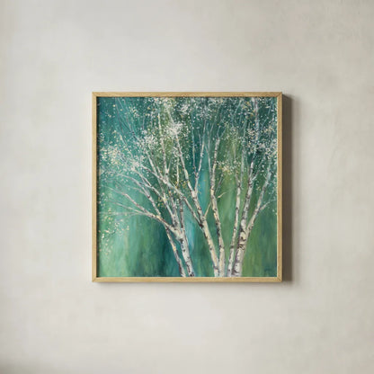 Blue Birch Green by Julia Purinton. Shown in a natural wood glass frame for a timeless modern aesthetic. Available as an archival giclee rolled canvas, fine art paper, or poster print. SKU 37741a.