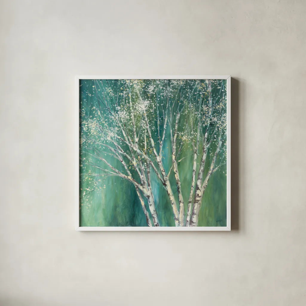 Blue Birch Green by Julia Purinton. Shown in a crisp white glass frame for a clean and minimalist style. Available as an archival giclee rolled canvas, fine art paper, or poster print. SKU 37741a.